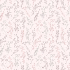 Hand drawn seamless pattern of blooming magnolia, iris, poppy flower, eucalyptus, canterbury bell, daisy. Floral collection on a pink background. Decorative illustration for wallpaper, wrapping paper