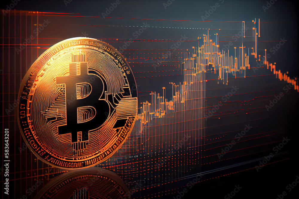 Poster business background with bitcoin icon and 3d finacial data diagrams. generative ai, generative, ai