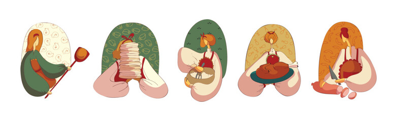 Woman in Apron Cooking Meal Engaged in Culinary Vector Set