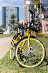 Fototapeta premium Bicicleta amarela, comunitária, na avenida Norte-Sul, Campinas, São Paulo, Brasil