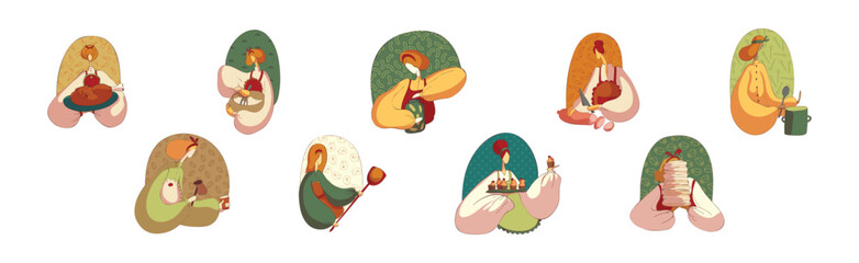 Woman in Apron Cooking Meal Engaged in Culinary Vector Set