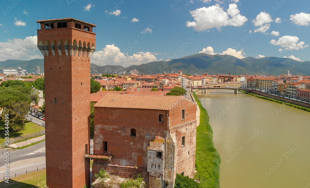 Sticker aerial view of medieval citadel in pisa, tuscany