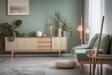Minimalist apartment living room with trendy shelf, vase of flowers, mint box, and attractive accessories. Copies. Eucalyptus hue. Template. Generative AI