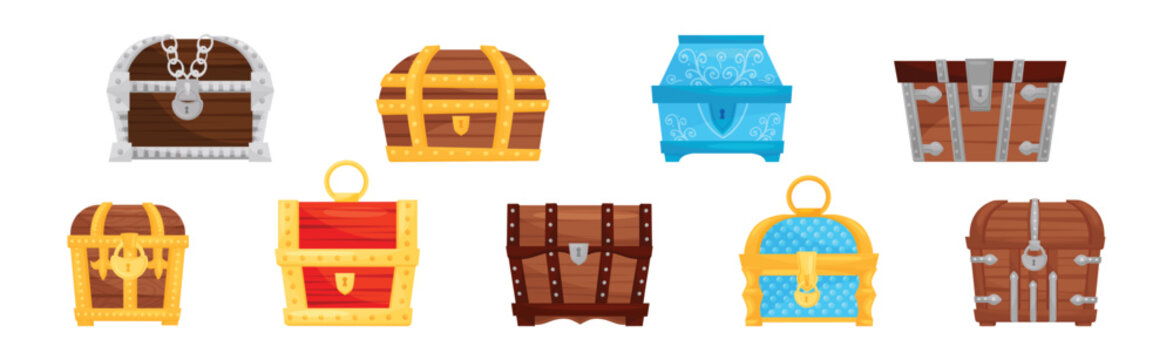 Treasure Chest with Padlock and Metal Band Vector Set