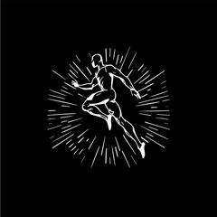 White icon of runner or jumper silhouette on black background, sport logo template, jogging or jumping modern logotype concept, t-shirts print, tattoo, infographic. Vector illustration