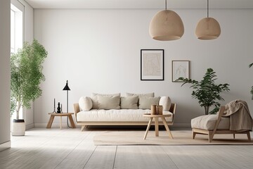 Modern living room with vacant white wall and beige couch,. Generative AI - obrazy, fototapety, plakaty