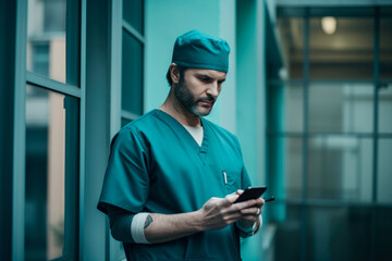Medical personnel pausing in the hospital hallway and browsing their phone. generative ai
