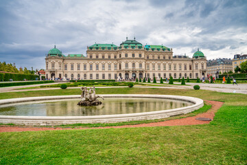 Vienna, Austria - August 20, 2022: Tourists visit Belvedere Palace on a overcast day