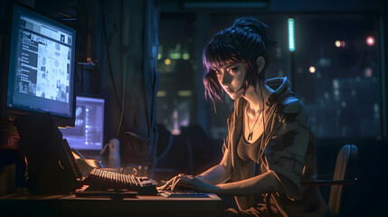 Fototapeta na wymiar Cyberpunk girl hacking with her laptop