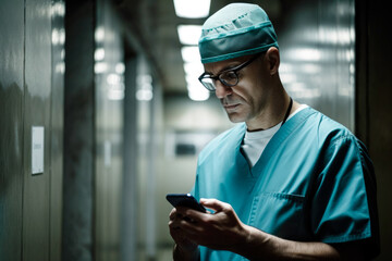 Surgeon having a rest in the hospital hallway while using their mobile device. generative ai