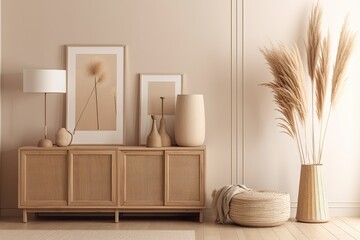 Minimalist Japandi living room wall mockup with caned console, wicker basket lamp, and dried pampas grass in ceramic vase on empty warm white backdrop. Generative AI