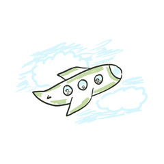 Vector illustration of of cute white and green airplane with passengers flying in clouds. Naive childish plane in sky for kids print design, sticker, logo