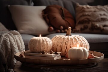 Fototapeta na wymiar Still life. Knitted pumpkin, candles, and white china pumpkins on a wooden tray on a living room coffee table. Autumn theme. Generative AI