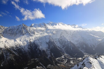 View of the Mont Blanc seen from Le Brevent mountain. French Alps, Europe.