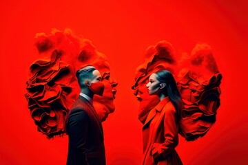Portrait of a couple with red background. Fictional person created with Generative AI
