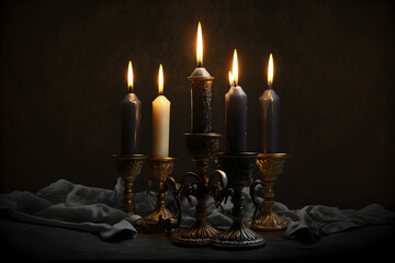 Candles burning in the dark room, christmas background, AI generated