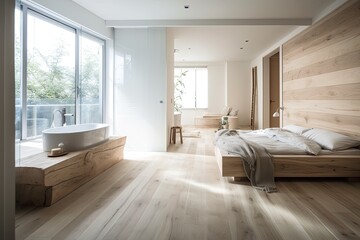 White and beige bedroom with bleached wood and bathtub. Double bed, freestanding tub, parquet floor. Japanese interiors. Generative AI