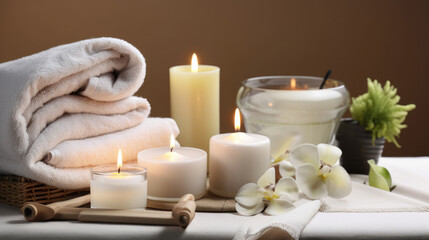 Fototapeta na wymiar Cute Spa Background with Candles and Towels. Illustration AI Generative.