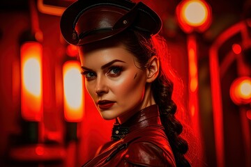 Portrait of a beautiful retro woman with red background. Fictional person created with Generative AI