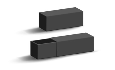 3d black empty rectangular packaging. Horizontal packaging position, open and closed box for product branding. Isolated image on a light background.