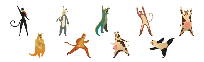 Man and Woman Character Wearing Animal Costume Participating in Masquerade and Celebrating Party Vector Set