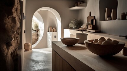 Minimalist cycladic kitchen with curved edges and smooth surfaces - Generated by Generative AI
