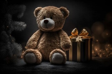 Bear toy sitting with presents on christmas background, AI generated