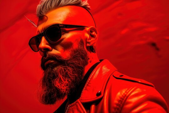 Stylish man with a beard and a close-up red background. Fictional person created with Generative AI