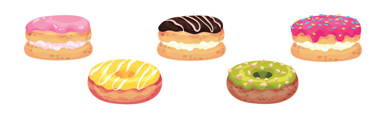 Sweet and Yummy Creamy Eclair and Donut Dessert Vector Set
