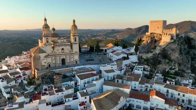 aerial view of Castillo de Olvera Towering On White Village In Olvera, Province of Cadiz, Spain