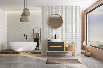 Modern minimalist bathroom interior, modern bathroom cabinet, white sink, wooden vanity, interior plants, bathroom accessories, bathtub and shower, white and tile walls, concrete floor. 3d rendering