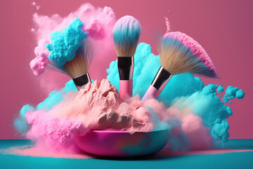 Beautiful brushes for make-up on a colorful background of pastel pink and blue powder. Generative AI