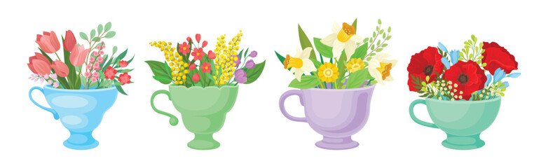Bouquet of Blooming Flowers in Ceramic Vase with Handle Vector Set