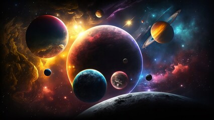 Obraz na płótnie Canvas Cosmic planetary colorful computer wallpaper background. Generative AI.