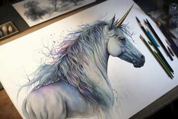 Watercolor unicorn illustration, spring season, Generative AI