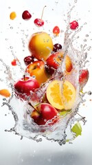Fresh fruits and water splashes on white background. Generative AI