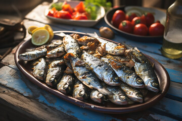 Grilled sardines with peppers, olive oil, and bread. Traditional Portuguese food, typical of popular festivals, popular saints Portugal. AI Generative