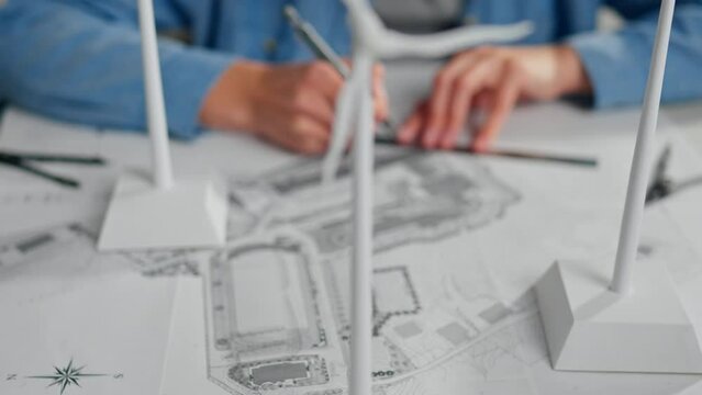 Mill, Girl worker Slowly Carrying out research measuring data on blueprints Workplace of professional builder engineer, Specialist woman touching tablet screen with fingers office, Renewable resource
