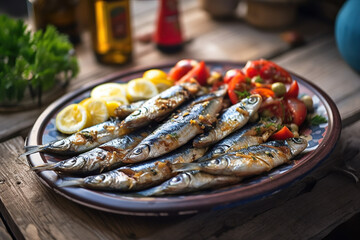 Grilled sardines with peppers, olive oil, and bread. Traditional Portuguese food, typical of popular festivals, popular saints Portugal. AI Generative - obrazy, fototapety, plakaty