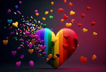 3d illustration of many hearts falling on gay pride flag background. Generative ai