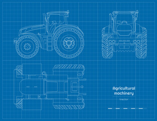 Outline farmer tractor drawing. Agricultural machine. Top, side and front views of farmer vehicle. Industrial blueprint