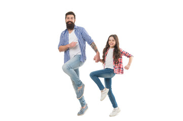 Fototapeta premium Move on. Lets move. Kid and dad cheerful friends in motion. Move in same direction. Following fathers example. On same wave concept. Bearded father and small child walking or running together