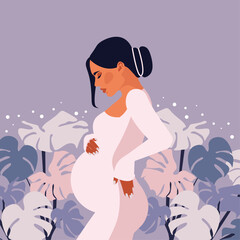 Banner with pregnant elegant woman, future mom hugging belly with arms. Happy Mother's Day. Flat vector illustration.