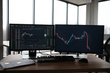 Close Up Shot of a Computer Monitor Screen with Real-Time Stocks, Commodities and Exchange Market...