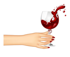Female hand holding a glass with splashing red wine isolated on white. Vector illustration