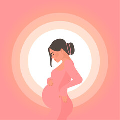 Banner with pregnant elegant woman, future mom hugging belly with arms. Happy Mother's Day. Flat vector illustration.
