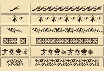 Set of six Baroque vintage stencil decorations/ornaments. Vectorized seamless patterns.