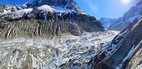 The Mer de Glace ("Sea of Ice") is a valley glacier. Mont Blanc massif, in the French Alps. Europe.