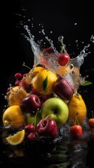 Fresh fruits and water splashes on black background. Generative AI