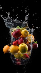 Fototapeta na wymiar Fresh fruits and water splashes on black background. Generative AI